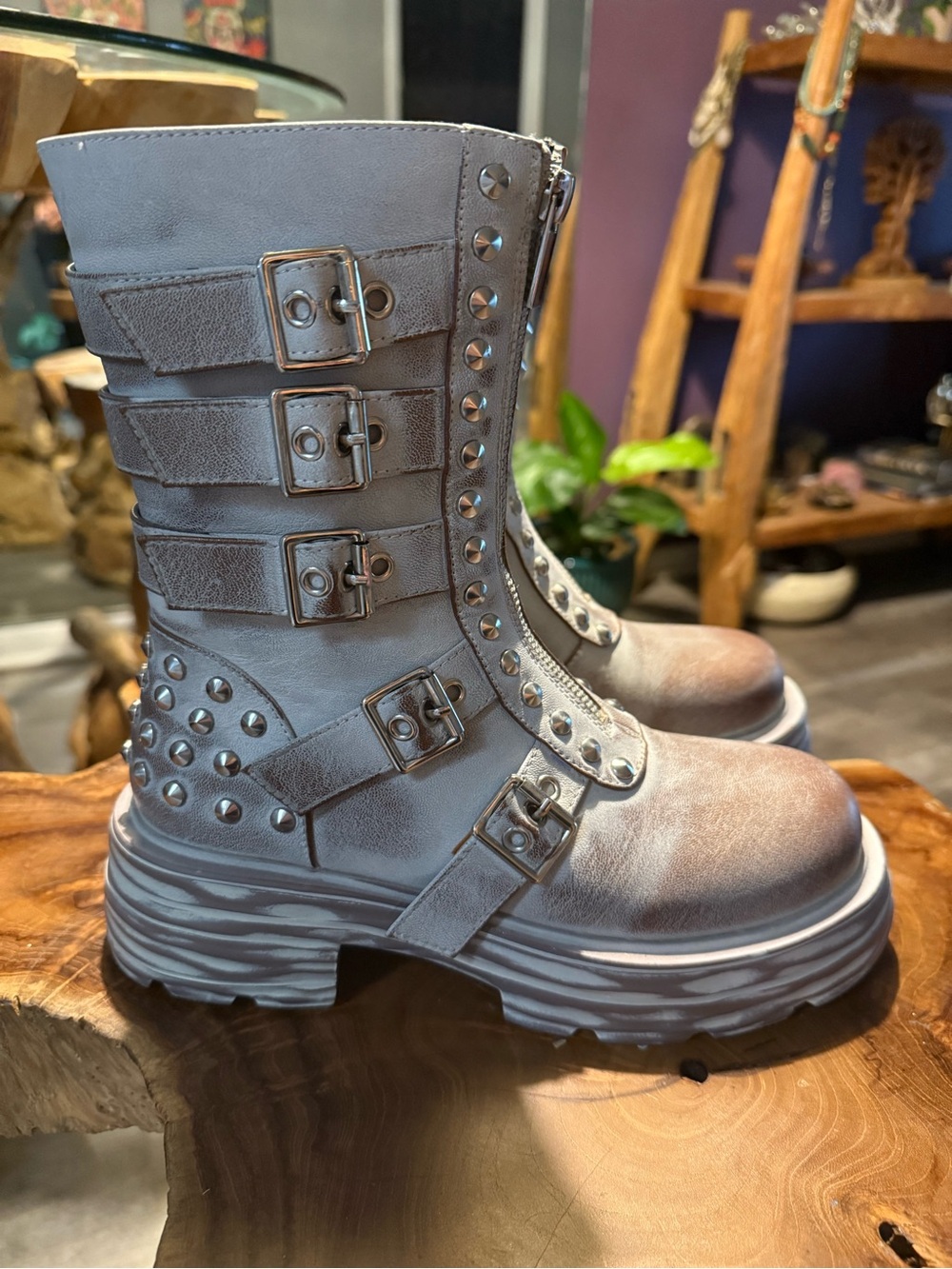 Dolls Kill Gray Studded Buckle Combat Platform Boots